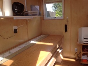 Modern-Shed helped to build Marianne's 7-foot long work bench that sits inside her Modern-Shed art studio.